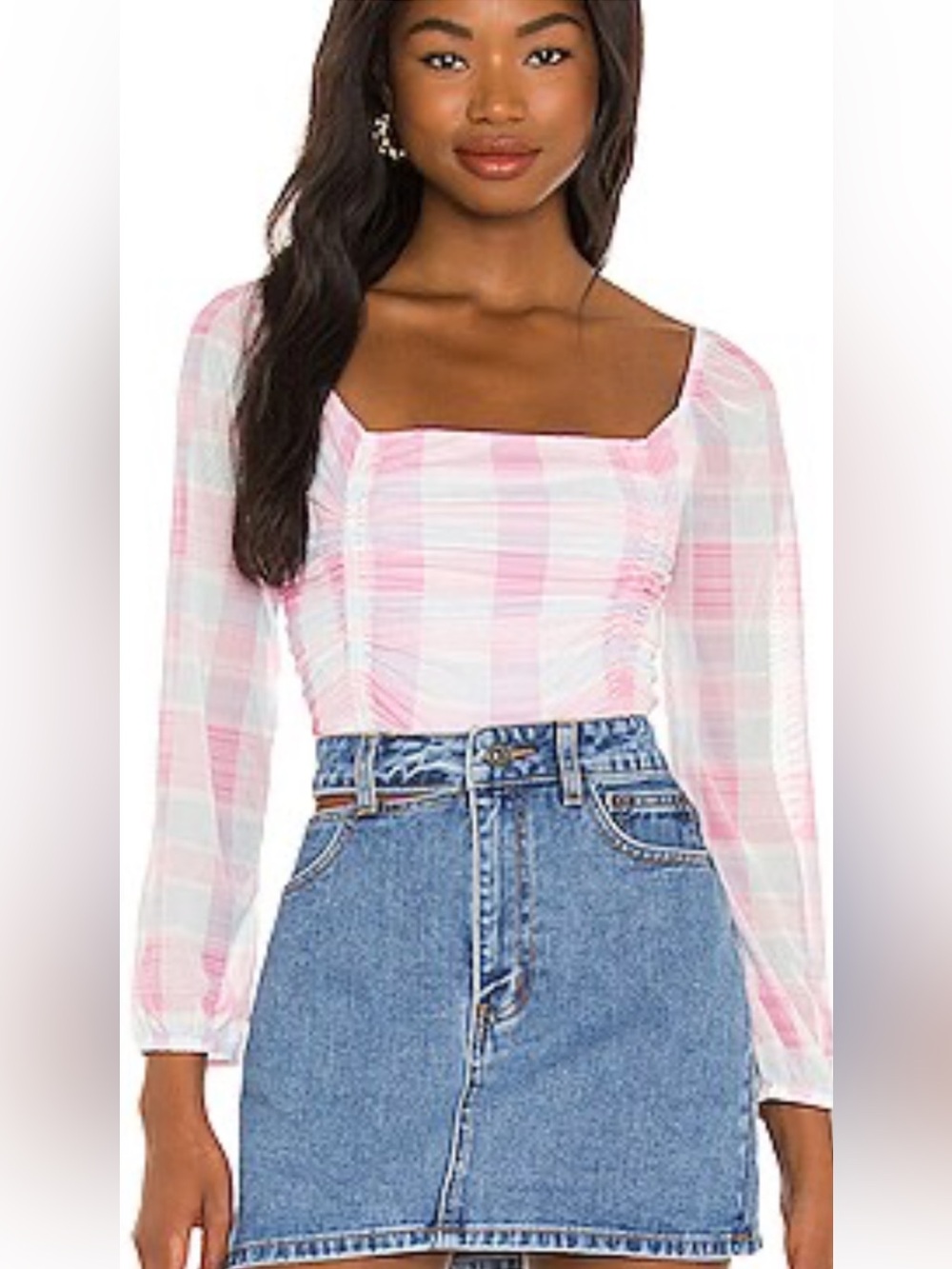 NWT BCBG Generation Mesh Gingham Top in Madras Plaid. Pastel pinks/blues. Size M